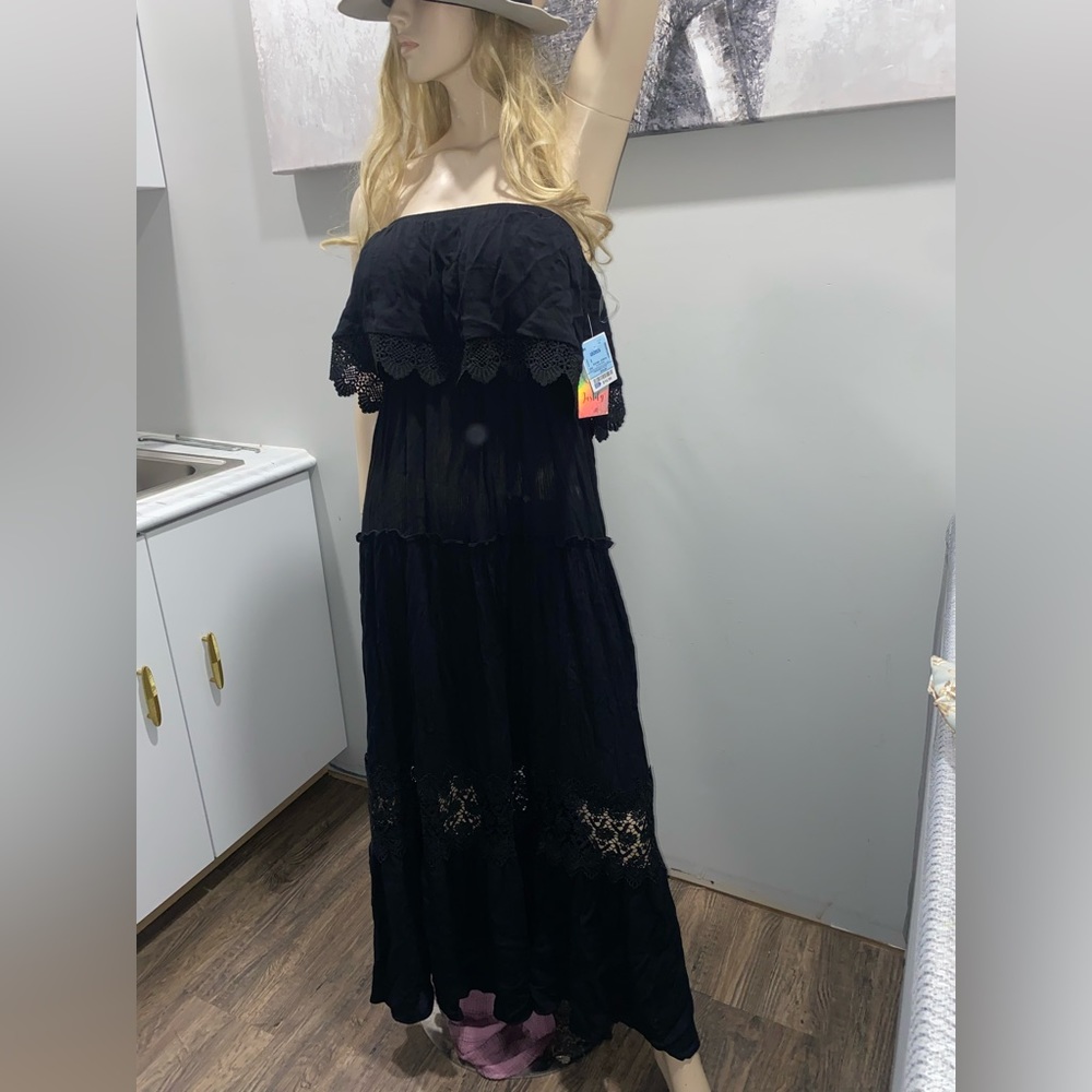 Justify, black  size 2 strapless dress with peek a boo lace trim.
